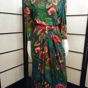 80's Tropical Flowers and Foliage Dress by E.D. Michaels